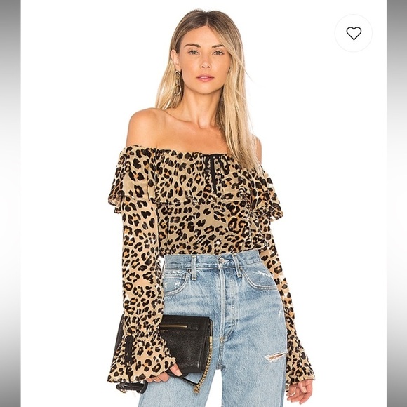 House of Harlow x Revolve Satin Leopard Print Off the Shoulder Bodysuit XS - Picture 2 of 12